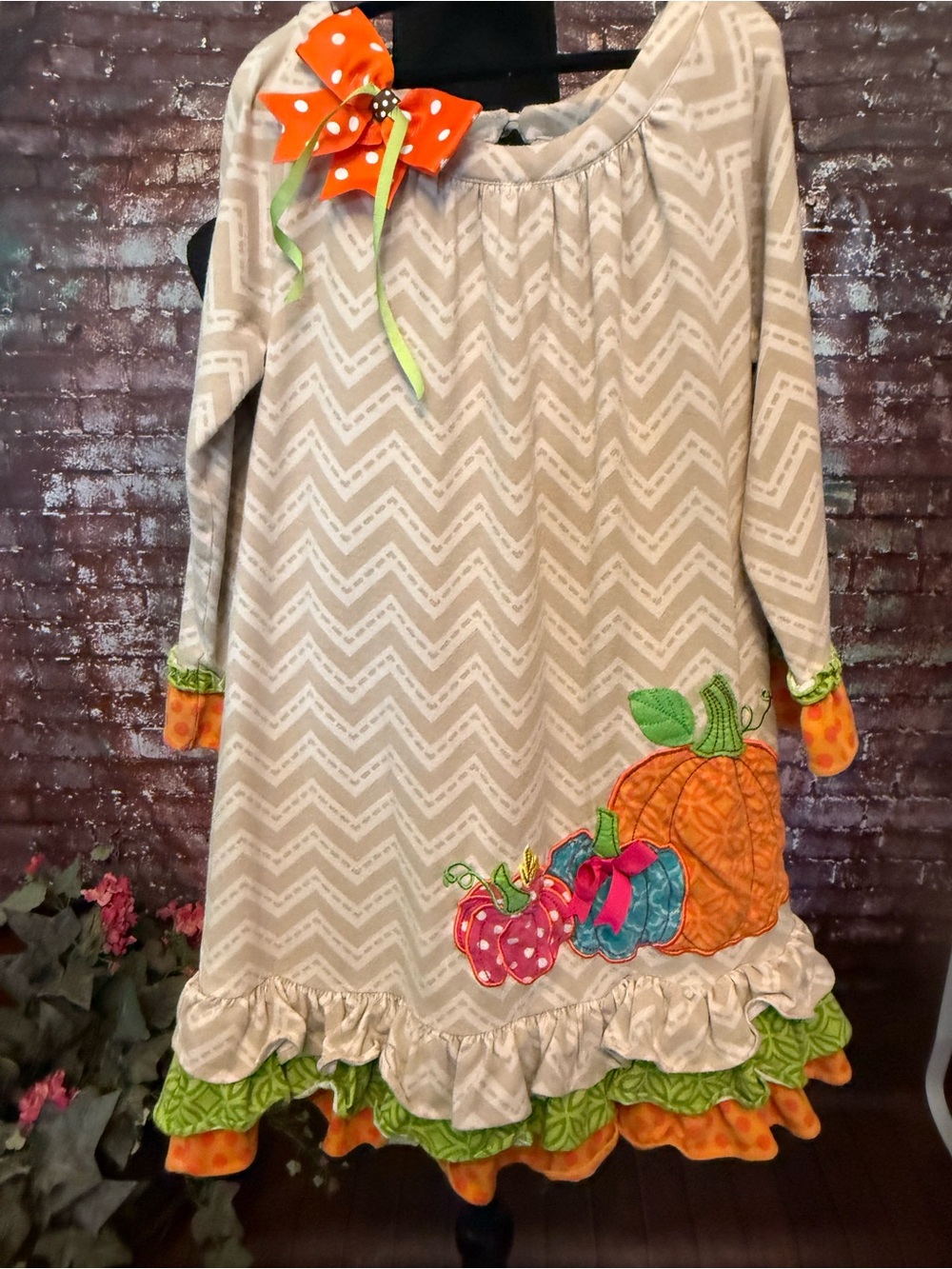 Rare Editions Tan Chevron Dress with Subtle Cream Accents